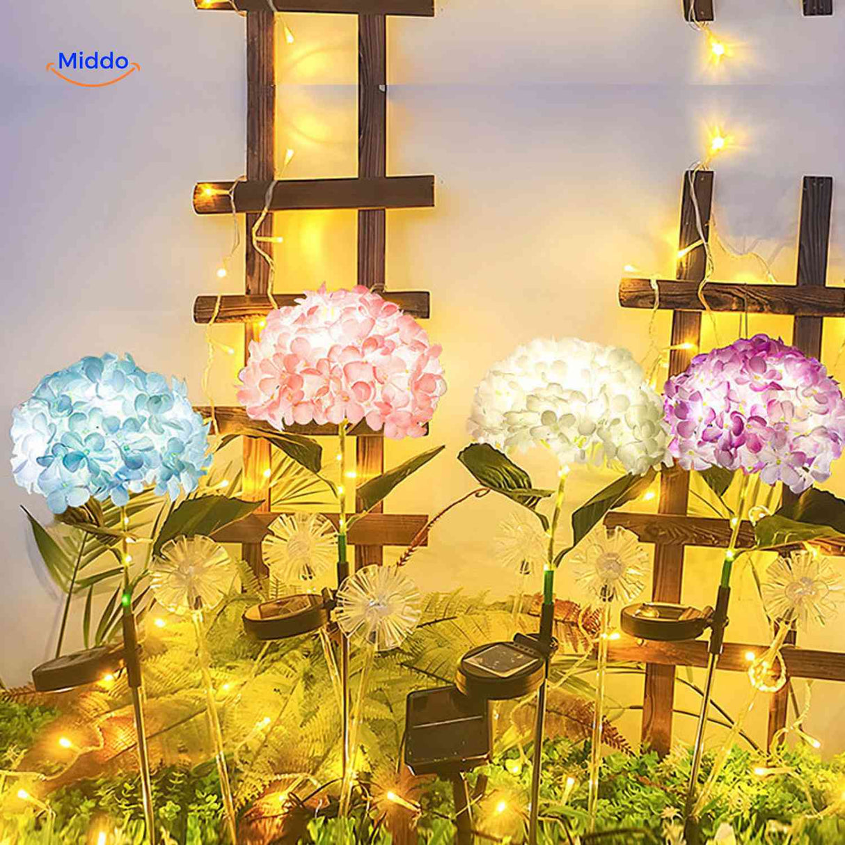 Solar hydrangea LED lantern serving as elegant garden decoration with warm light.