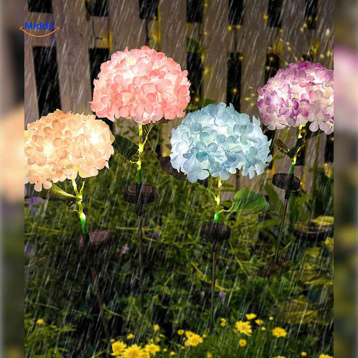 Three-piece solar hydrangea lantern set for coordinated garden lighting display.