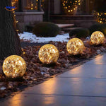 Solar garden lighting along driveway and winter garden setting.