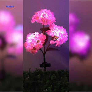 Pink hydrangea solar lantern with three flower branches for garden lighting.
