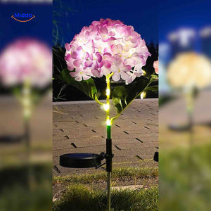 Purple hydrangea solar lantern with LED lighting for outdoor garden decor.