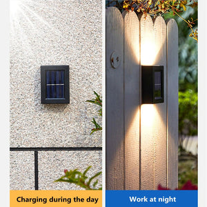LightSpot solar lights shown during daytime and glowing at night.