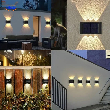 Energy-efficient solar wall light powered by dual LED heads with waterproof design.