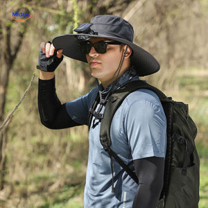 Solar-powered outdoor fan hat with wide brim and built-in ventilation.
