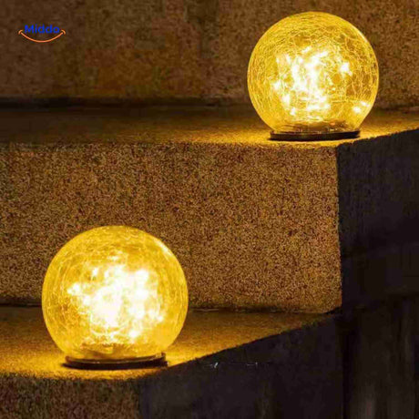 Solvion solar lamp providing warm LED glow on outdoor stairs.