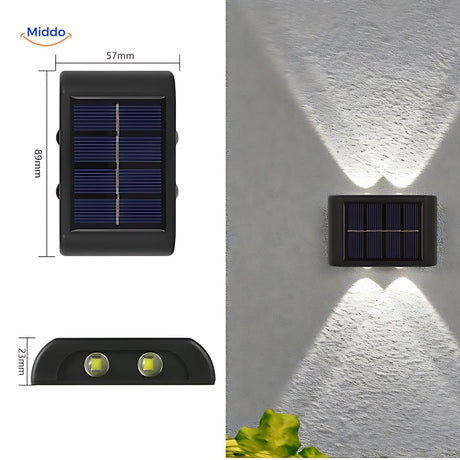 Lumibright solar wall light with cool white LED brightness and waterproof housing.