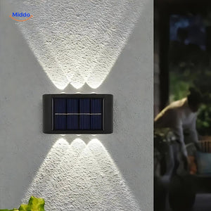 Outdoor solar wall light designed for garden, path, and terrace areas.