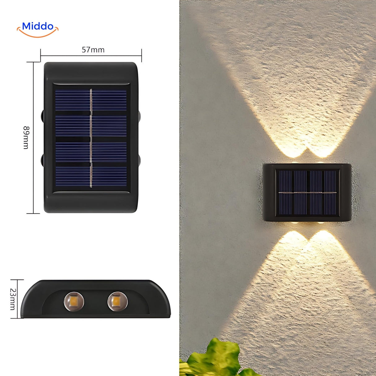 Dual-head solar wall light with warm white LED for ambient outdoor lighting.