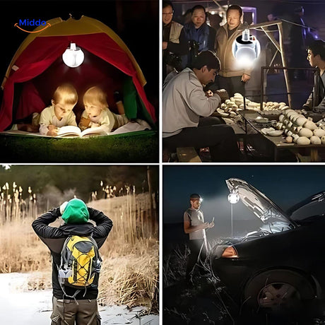 SolarFOLD LED lamp shown in multiple use scenarios including camping, home, and outdoor settings.