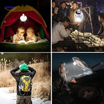SolarFOLD LED lamp shown in multiple use scenarios including camping, home, and outdoor settings.