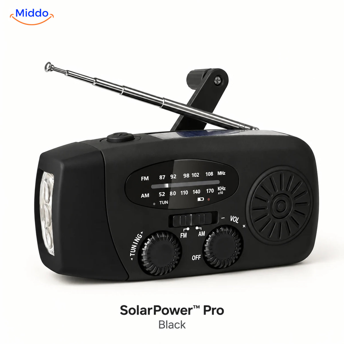Black SolarPower Pro emergency radio with flashlight, solar panel, hand crank, and extended antenna