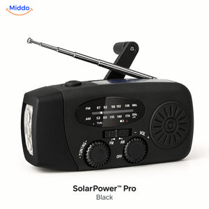 Black SolarPower Pro emergency radio with flashlight, solar panel, hand crank, and extended antenna