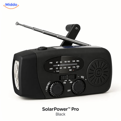 Black SolarPower Pro emergency radio with flashlight, solar panel, hand crank, and extended antenna