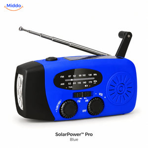Blue SolarPower Pro emergency radio with flashlight, solar panel, hand crank, and extended antenna