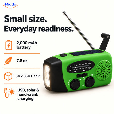 Compact SolarPower Pro emergency radio with a 2,000 mAh battery, 7.8-ounce weight, and dimensions