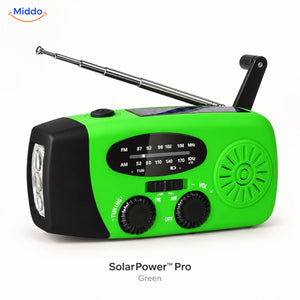 Green SolarPower Pro emergency radio with flashlight, solar panel, hand crank, and extended antenna
