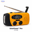 Orange SolarPower Pro emergency radio with flashlight, solar panel, hand crank, and extended antenna