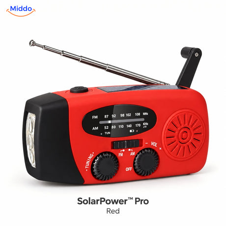 Red SolarPower Pro emergency radio with flashlight, solar panel, hand crank, and extended antenna