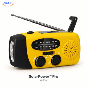 Yellow SolarPower Pro emergency radio with flashlight, solar panel, hand crank, and extended antenna