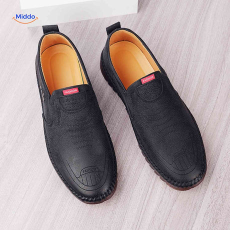 Black leather Solura loafers stylish slip-on shoes for men's casual looks.