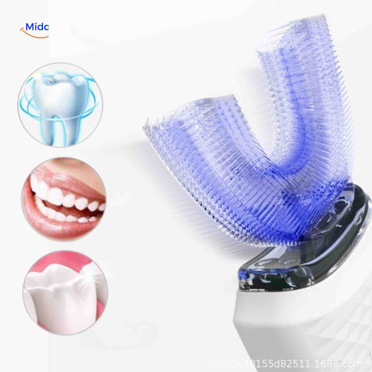 Blue U-shaped brush head detail showing bristle configuration for sonic cleaning.
