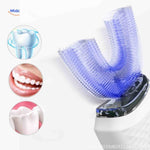 Blue U-shaped brush head detail showing bristle configuration for sonic cleaning.