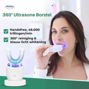 Hands-free electric toothbrush with ultrasonic blue light whitening feature.
