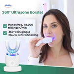 Hands-free electric toothbrush with ultrasonic blue light whitening feature.