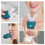 Sonic electric toothbrush shown from multiple angles with usage demonstrations.