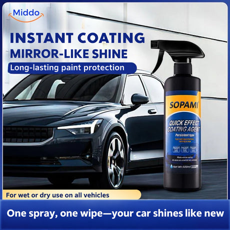 Sopami™ glass coating spray beside a car with a mirror-like shine