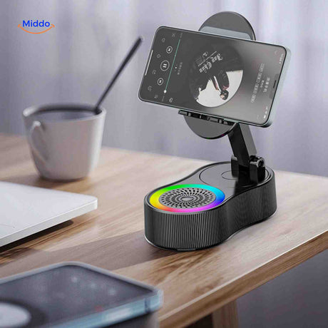 SoundMate wireless speaker playing music while charging phone