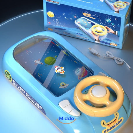 SpaceRacer kids steering wheel toy in bright blue, interactive space racing game for children.