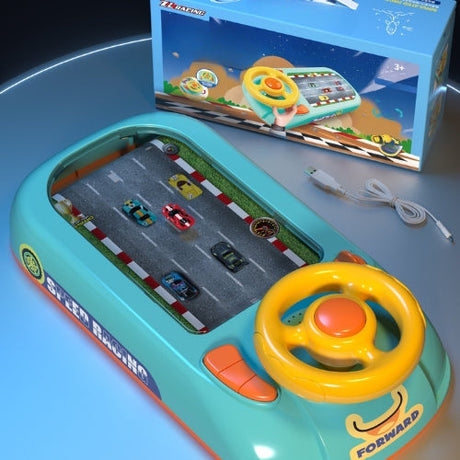 SpaceRacer kids steering wheel toy in vibrant green, space-themed racing adventure for kids.