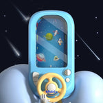 Close-up of SpaceRacer steering wheel toy controls and buttons for space racing action.