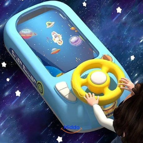 Kids playing with SpaceRacer steering wheel toy during interactive space racing game session.