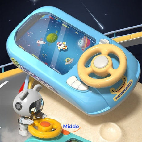 Child gripping SpaceRacer steering wheel toy while enjoying immersive space race gameplay.