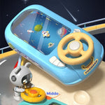 Child gripping SpaceRacer steering wheel toy while enjoying immersive space race gameplay.