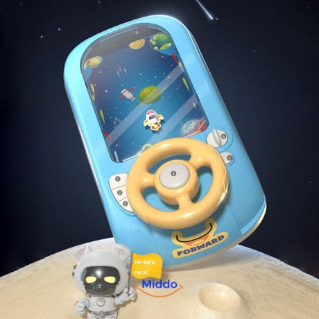 Kids engaged in SpaceRacer steering wheel toy space race with realistic driving feedback.
