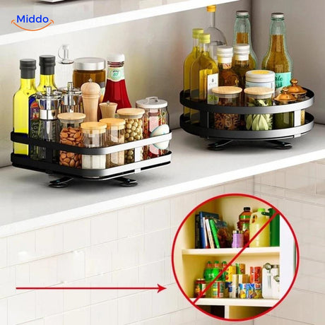 Adjustable metal frame construction of the SpinStore rotating rack with durable metal shelving.