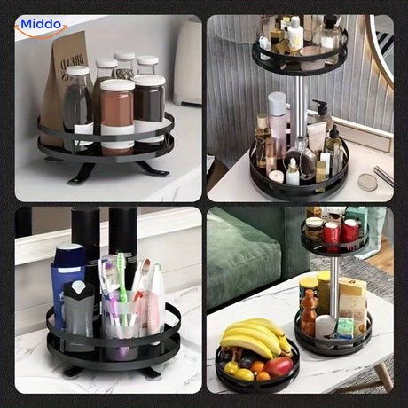 Rotating storage rack styled in a bathroom setting holding toiletries and personal care items.