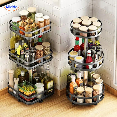 SpinStore rotating rack displayed with cosmetics and kitchen items for versatile home storage.