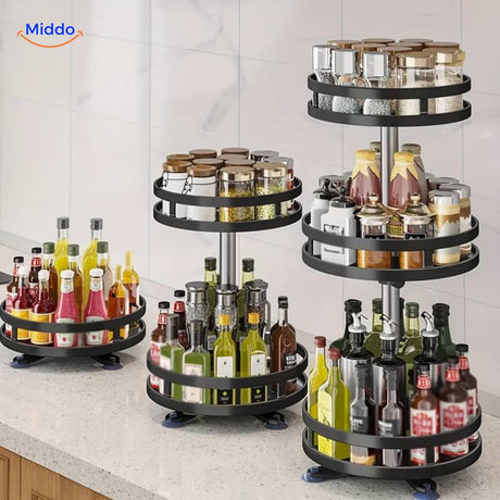 SpinStore 360-degree rotating storage rack in sleek metal design for kitchen and bathroom organization.