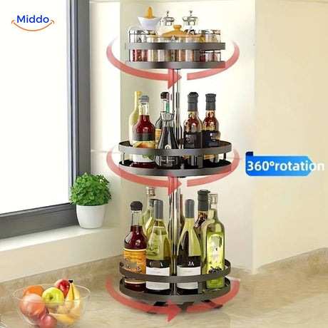 Compact rotating storage solution maximizing space with 360-degree access to all shelves.