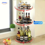 Compact rotating storage solution maximizing space with 360-degree access to all shelves.