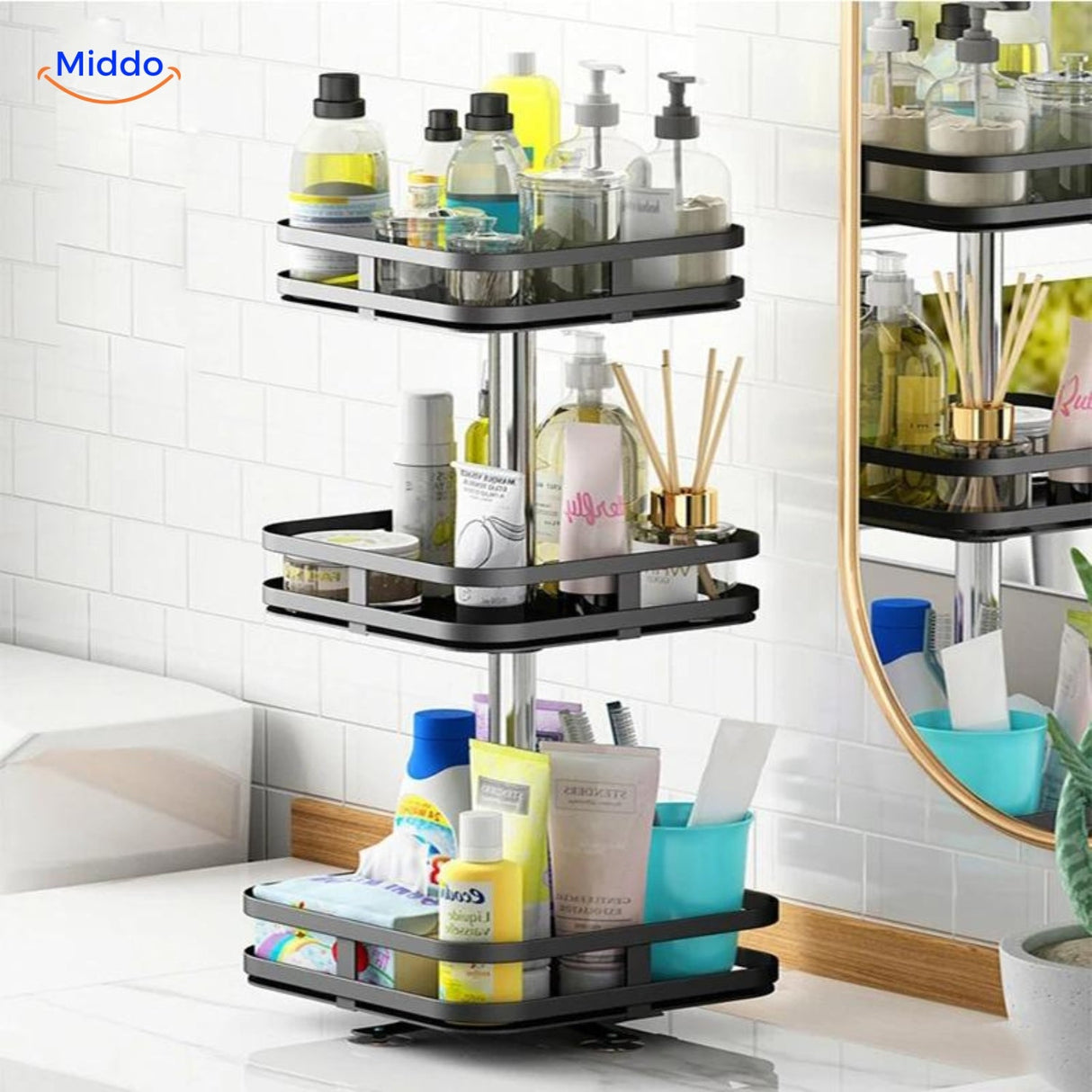Stylish rotating organizer holding spices and cosmetics with organized display on each tier.