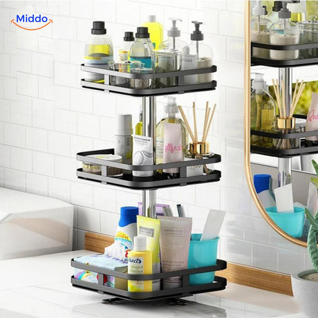 Stylish rotating organizer holding spices and cosmetics with organized display on each tier.