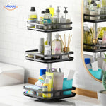 Stylish rotating organizer holding spices and cosmetics with organized display on each tier.
