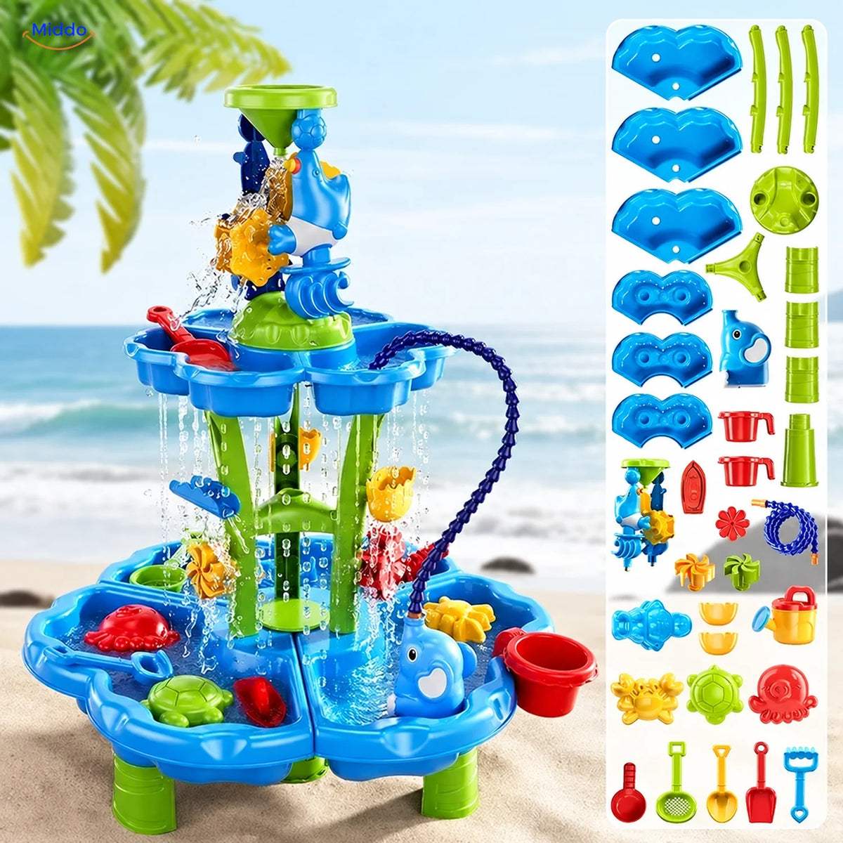 SplashPlay™ Outdoor Water and Sand Play Table Set | For Children 4-6 - Round 3-Tier Water & Sand Table + Elephant Sprayer