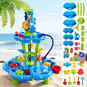 SplashPlay™ Outdoor Water and Sand Play Table Set | For Children 4-6 - Round 3-Tier Water & Sand Table + Elephant Sprayer