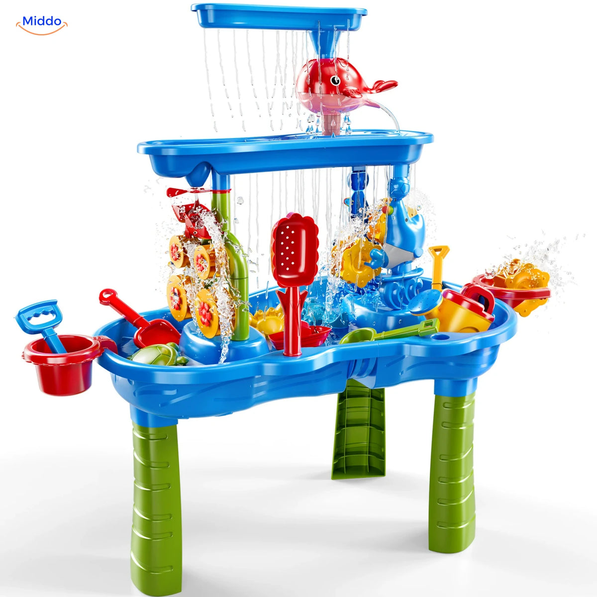 SplashPlay™ Outdoor Water and Sand Play Table Set | For Children 4-6 - Rectangular 3-Tier Water & Sand Table